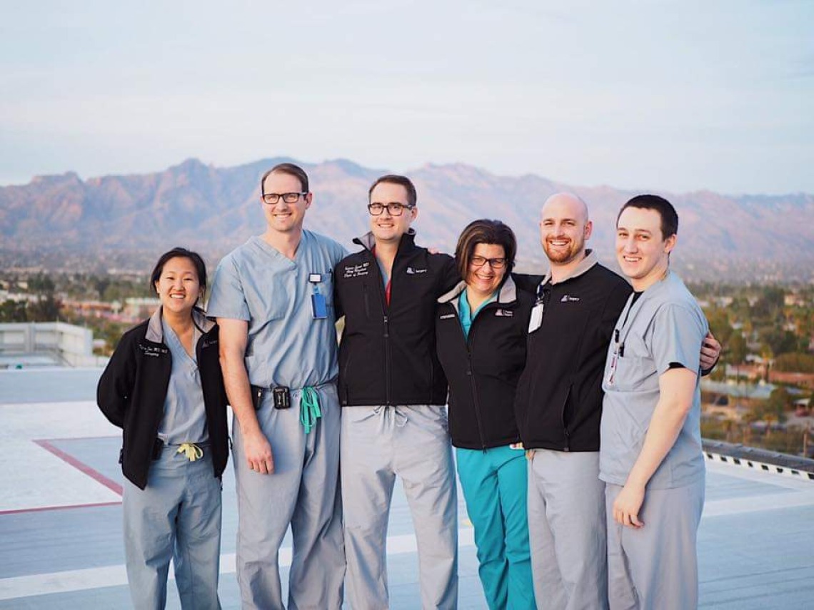 Dr. Son with her colleagues on the helipad. 